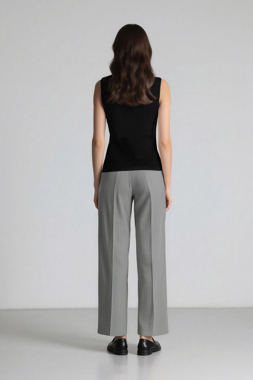 Woman Grey Straight Fit Regular Hem Striped Trousers