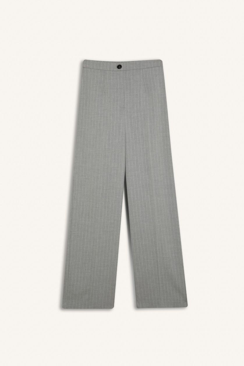Woman Grey Straight Fit Regular Hem Striped Trousers