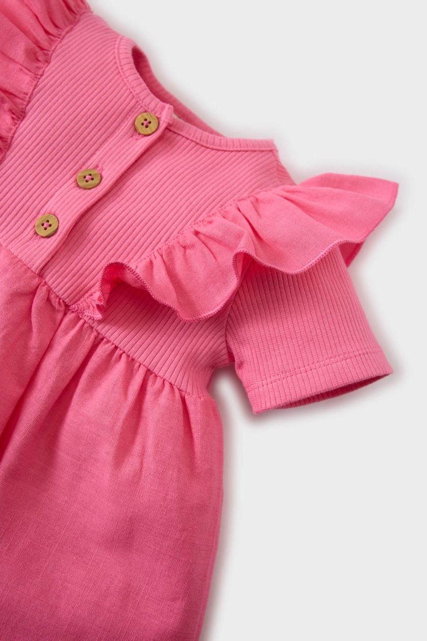 طفلة صغيرة زهري فستان بناتي مضلع قصة عادية نص كم بياقة مستديرة