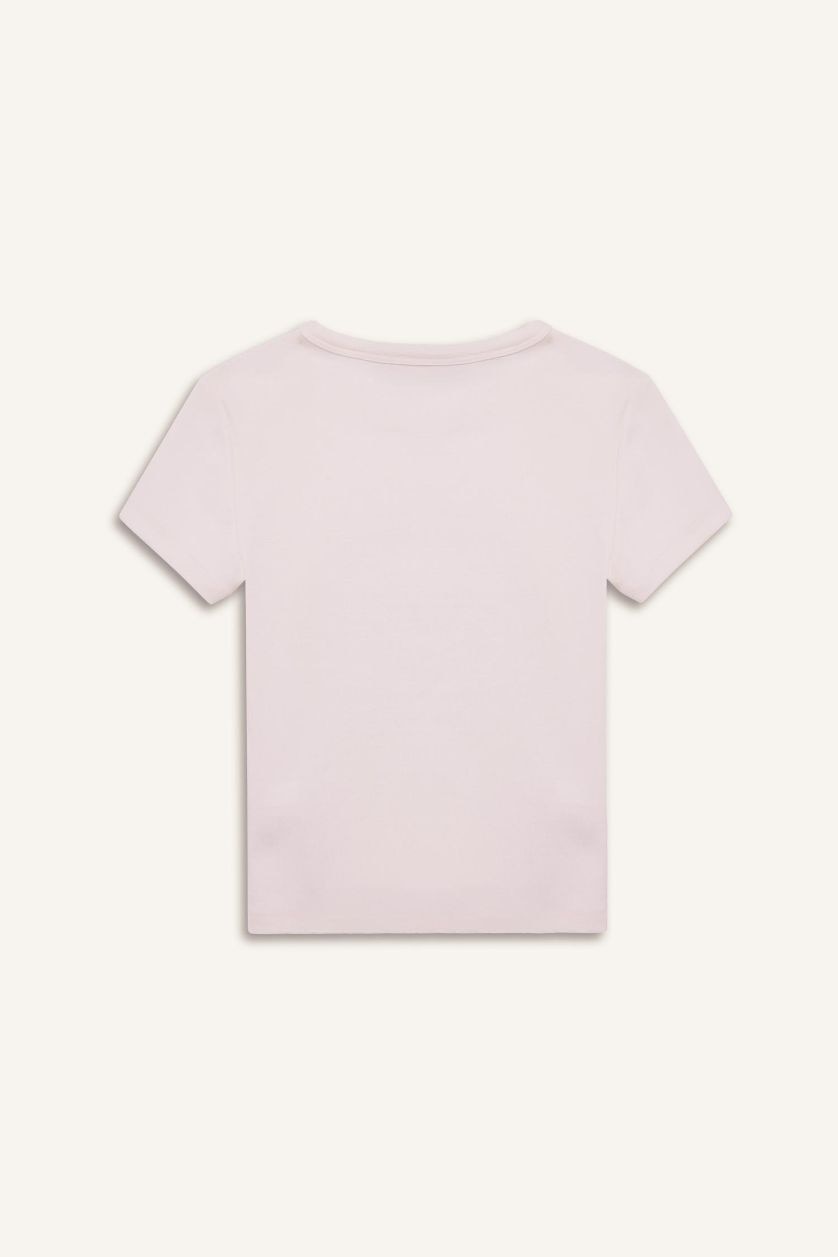 Kadın Kırık Beyaz Fitted Bisiklet Yaka Baskılı Ribana Kısa Kollu Tişört