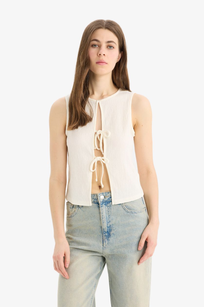 WOMAN Ecru Regular Fit Crew Neck Crepe Blouse