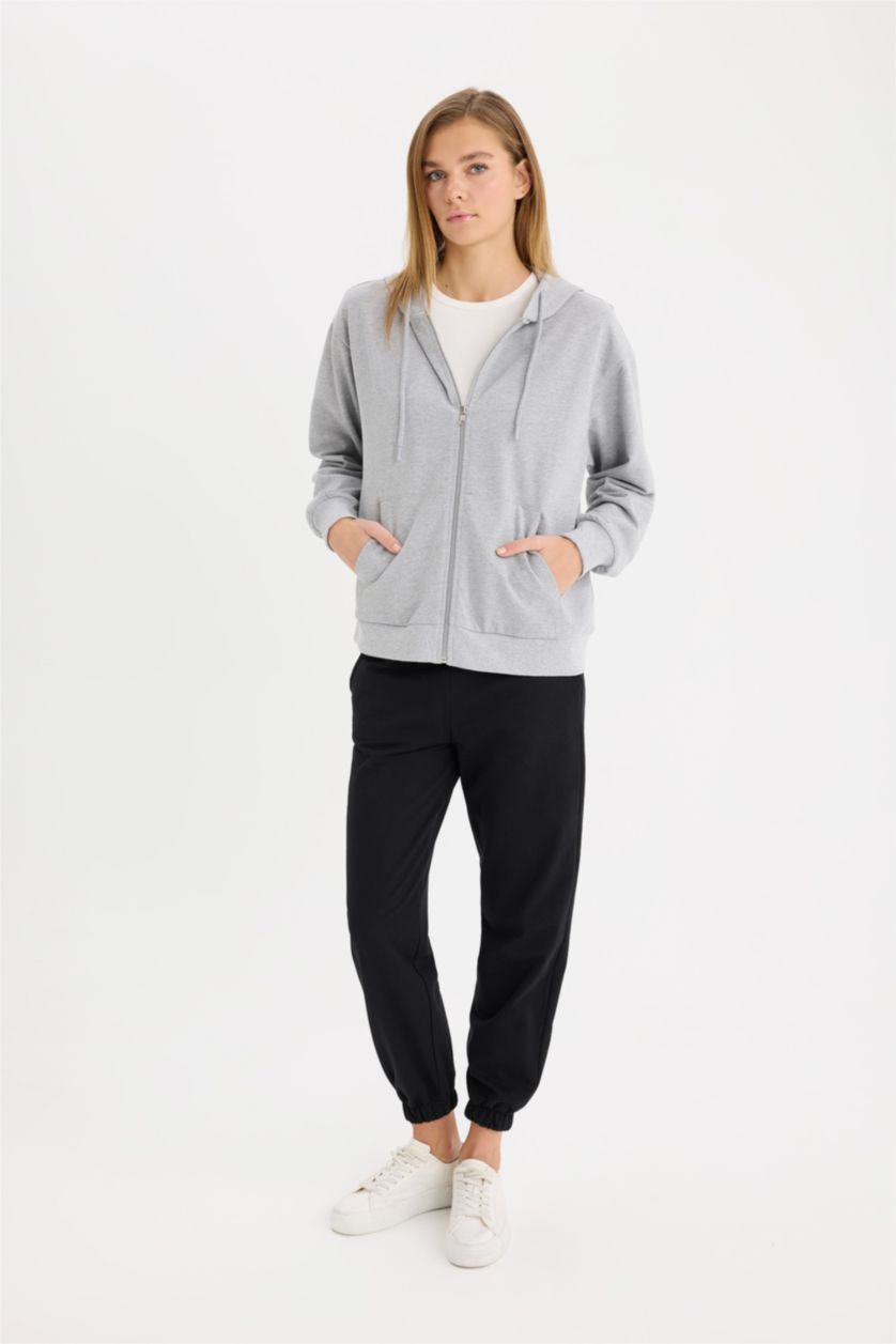 WOMAN Grey Melange Relax Fit Hooded Basic Thin Sweatshirt Fabric Cardigan