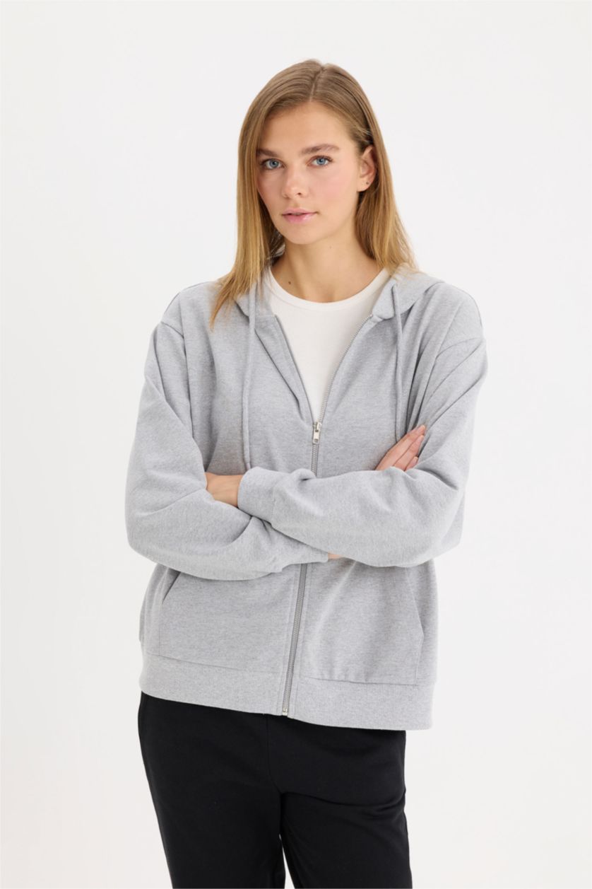 WOMAN Grey Melange Relax Fit Hooded Basic Thin Sweatshirt Fabric Cardigan