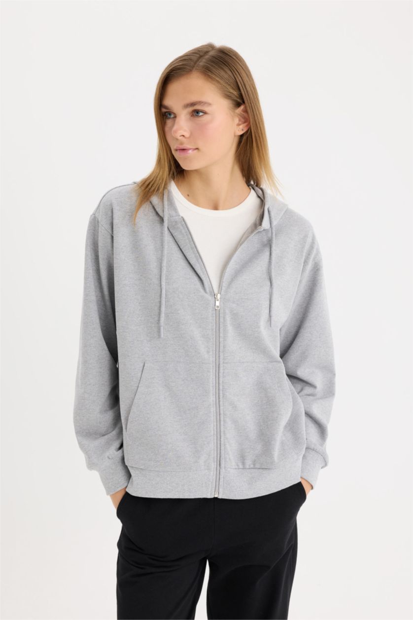 WOMAN Grey Melange Relax Fit Hooded Basic Thin Sweatshirt Fabric Cardigan