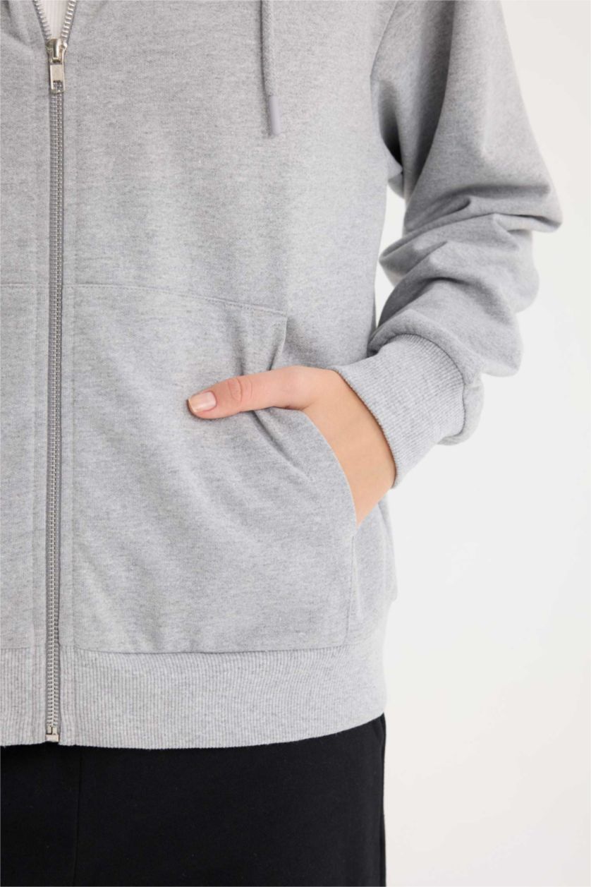 WOMAN Grey Melange Relax Fit Hooded Basic Thin Sweatshirt Fabric Cardigan