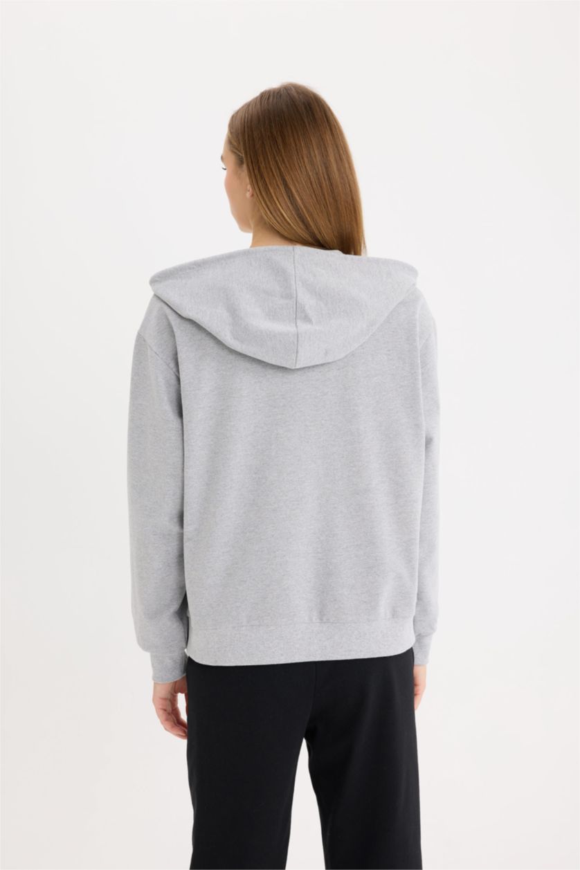 WOMAN Grey Melange Relax Fit Hooded Basic Thin Sweatshirt Fabric Cardigan
