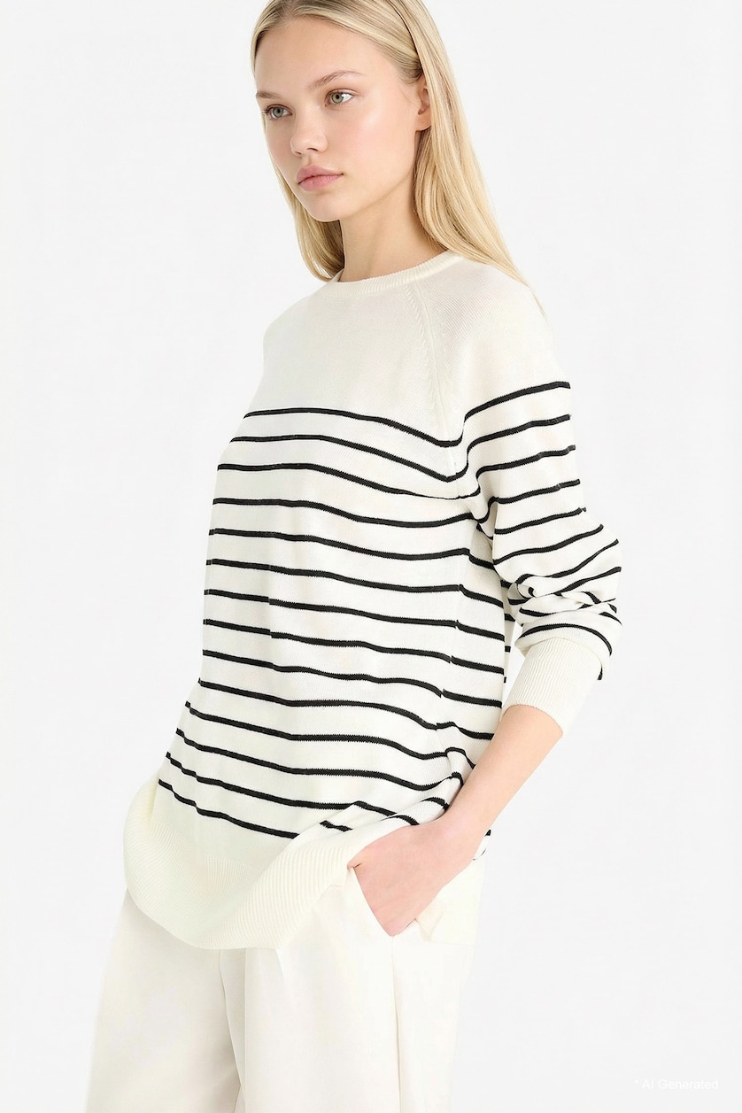 Woman Ecru Regular Fit Crew Neck Striped Knit Pullover