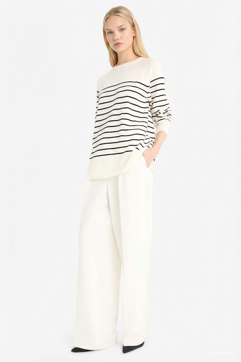 Woman Ecru Regular Fit Crew Neck Striped Knit Pullover
