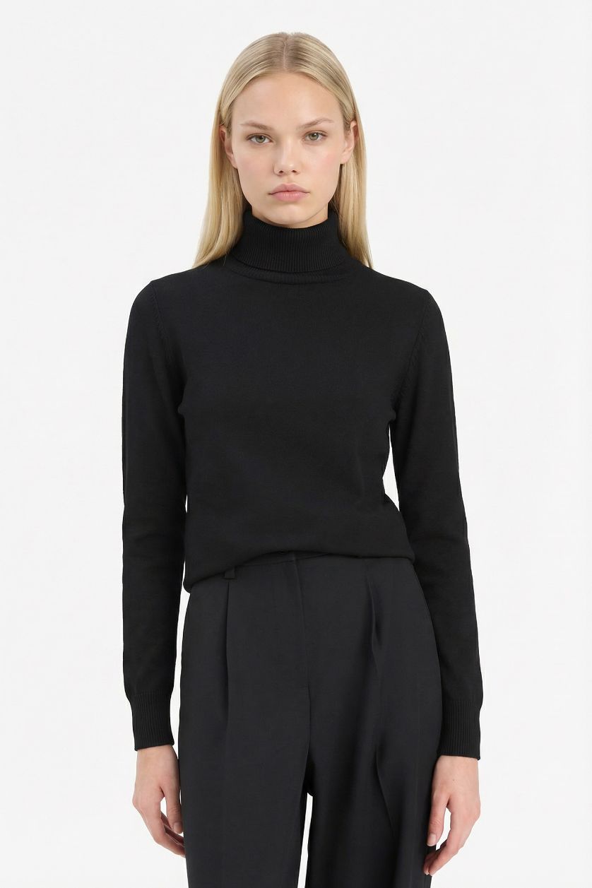 Kadın Siyah Regular Fit Yarım Balıkçı Yaka Triko Kazak