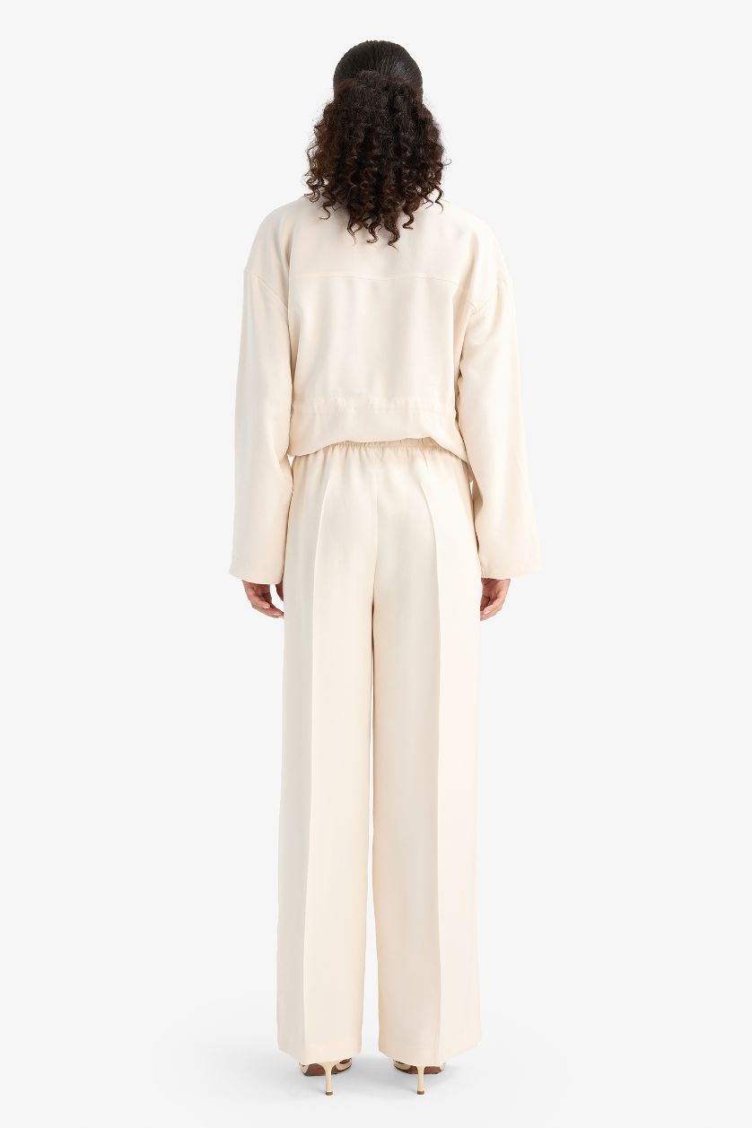 نساء حجري فاتح بنطلون قماش ايوسل قصة مستقيمة بجيب وخصر عالي