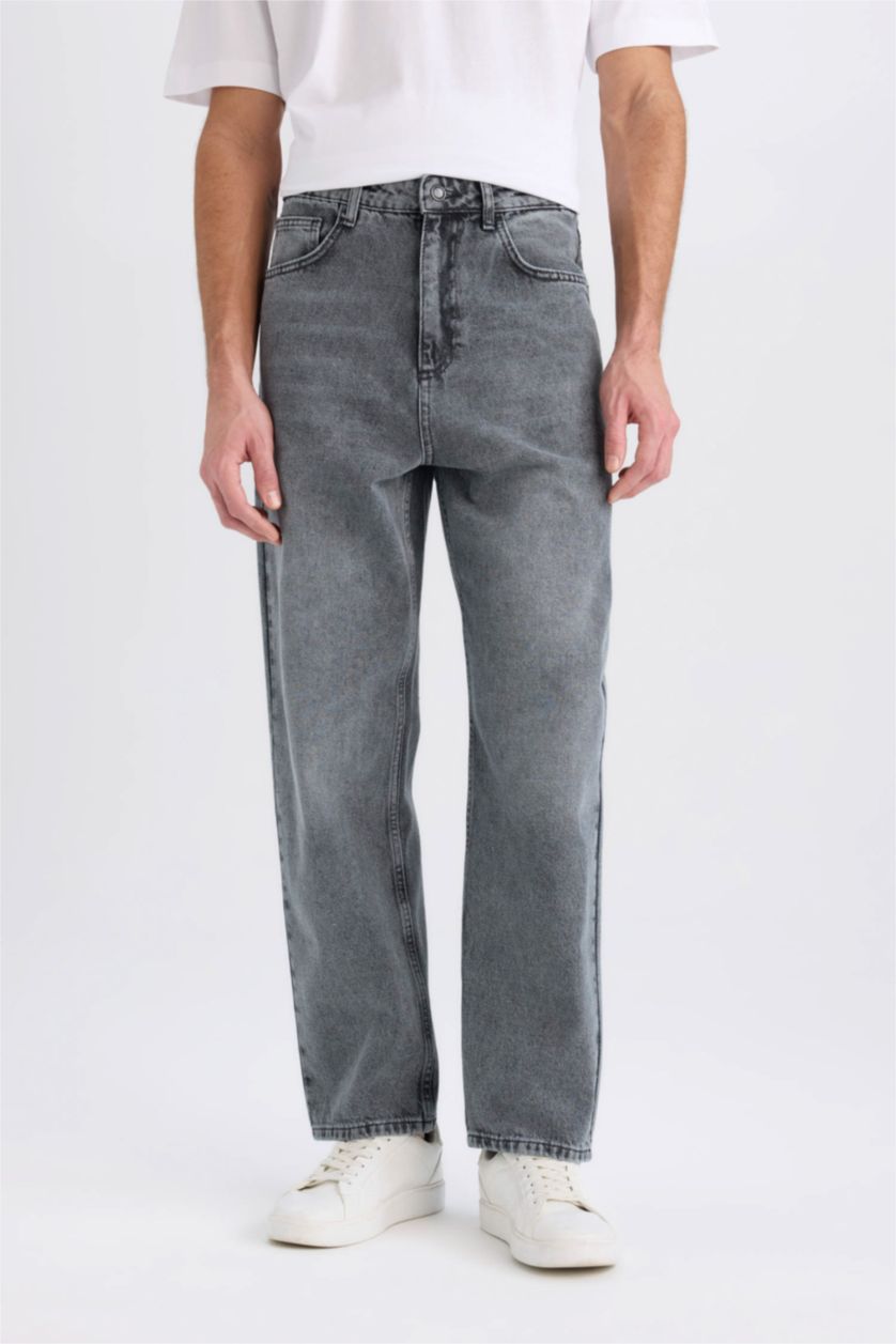 Erkek Gri Baggy Fit Geniş Kalıp Normal Bel Geniş Paça Jean Yıkamalı Pantolon