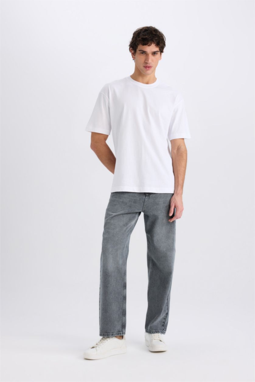 Erkek Gri Baggy Fit Geniş Kalıp Normal Bel Geniş Paça Jean Yıkamalı Pantolon