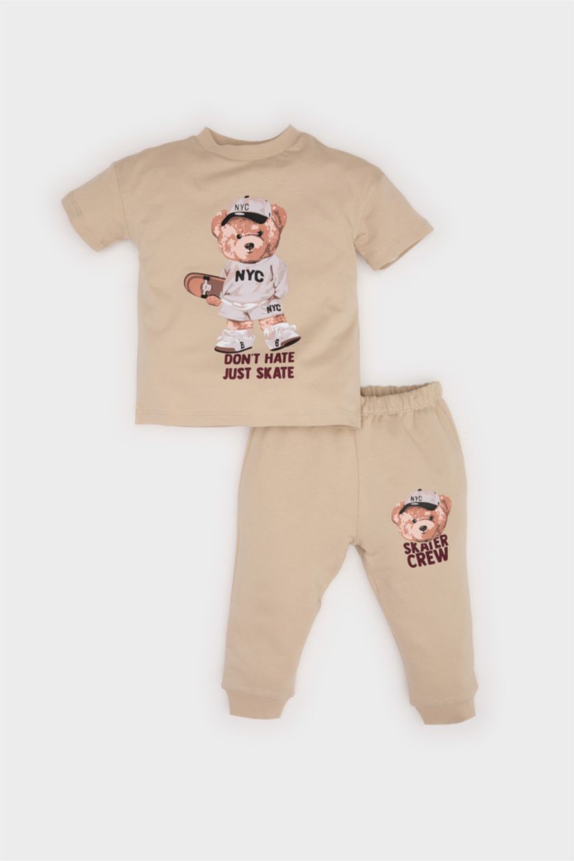 Baby Boy Beige Baby Boy Bear Printed T-Shirt Sweatpants 2 Piece Set