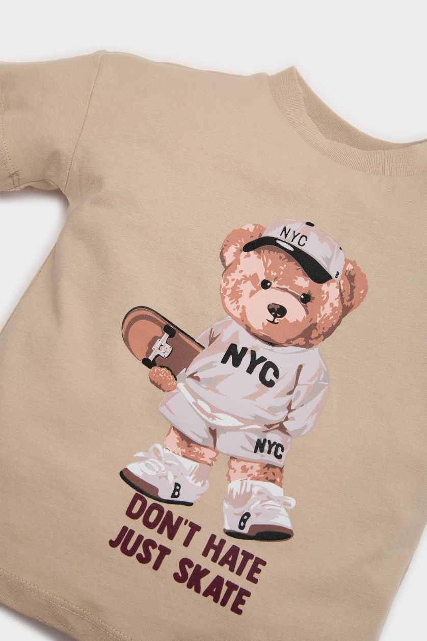 Baby Boy Beige Baby Boy Bear Printed T-Shirt Sweatpants 2 Piece Set