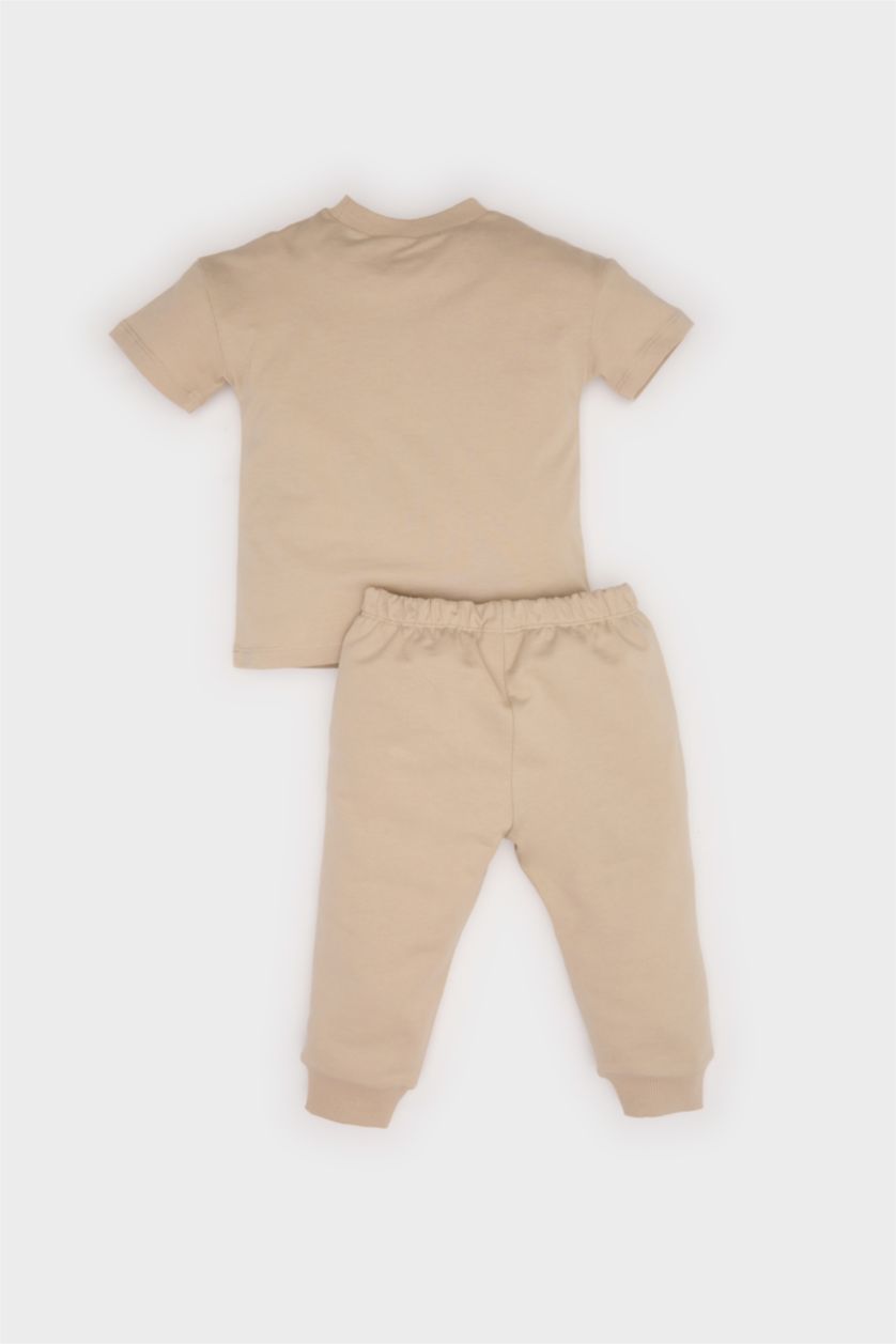 Baby Boy Beige Baby Boy Bear Printed T-Shirt Sweatpants 2 Piece Set