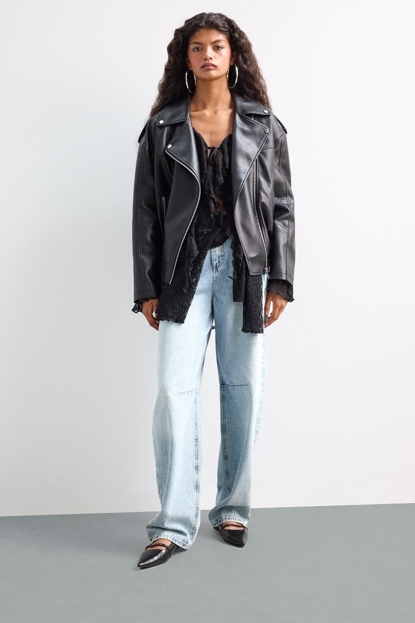 Kadın Siyah Oversize Geniş Kalıp Fermuarlı Suni Deri Ceket Mont