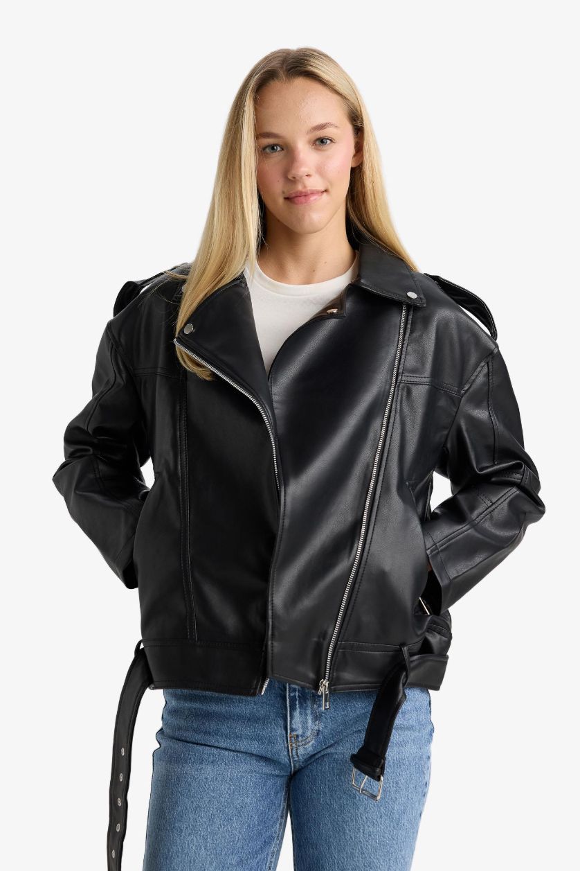 Kadın Siyah Oversize Geniş Kalıp Fermuarlı Suni Deri Ceket Mont