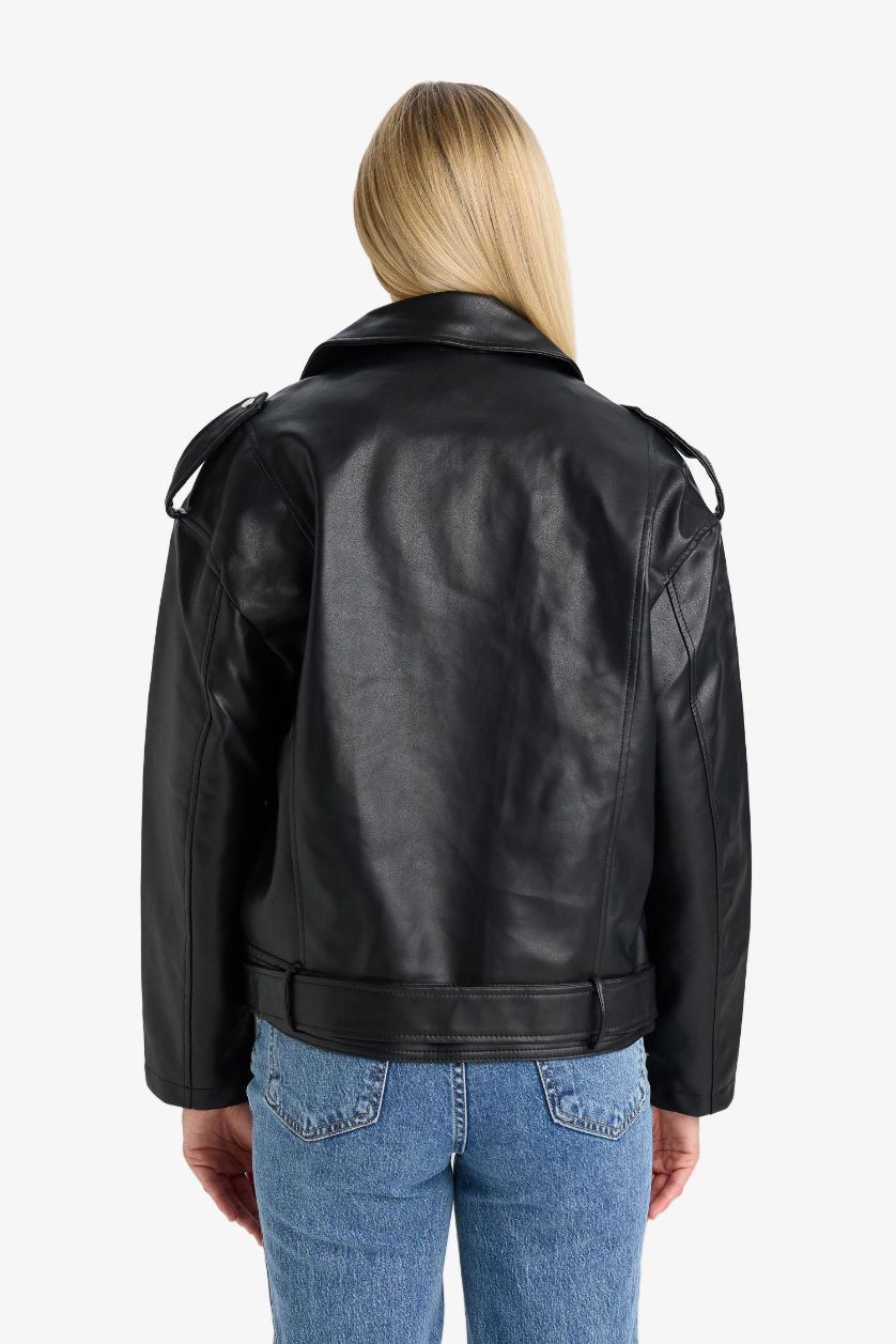 Kadın Siyah Oversize Geniş Kalıp Fermuarlı Suni Deri Ceket Mont