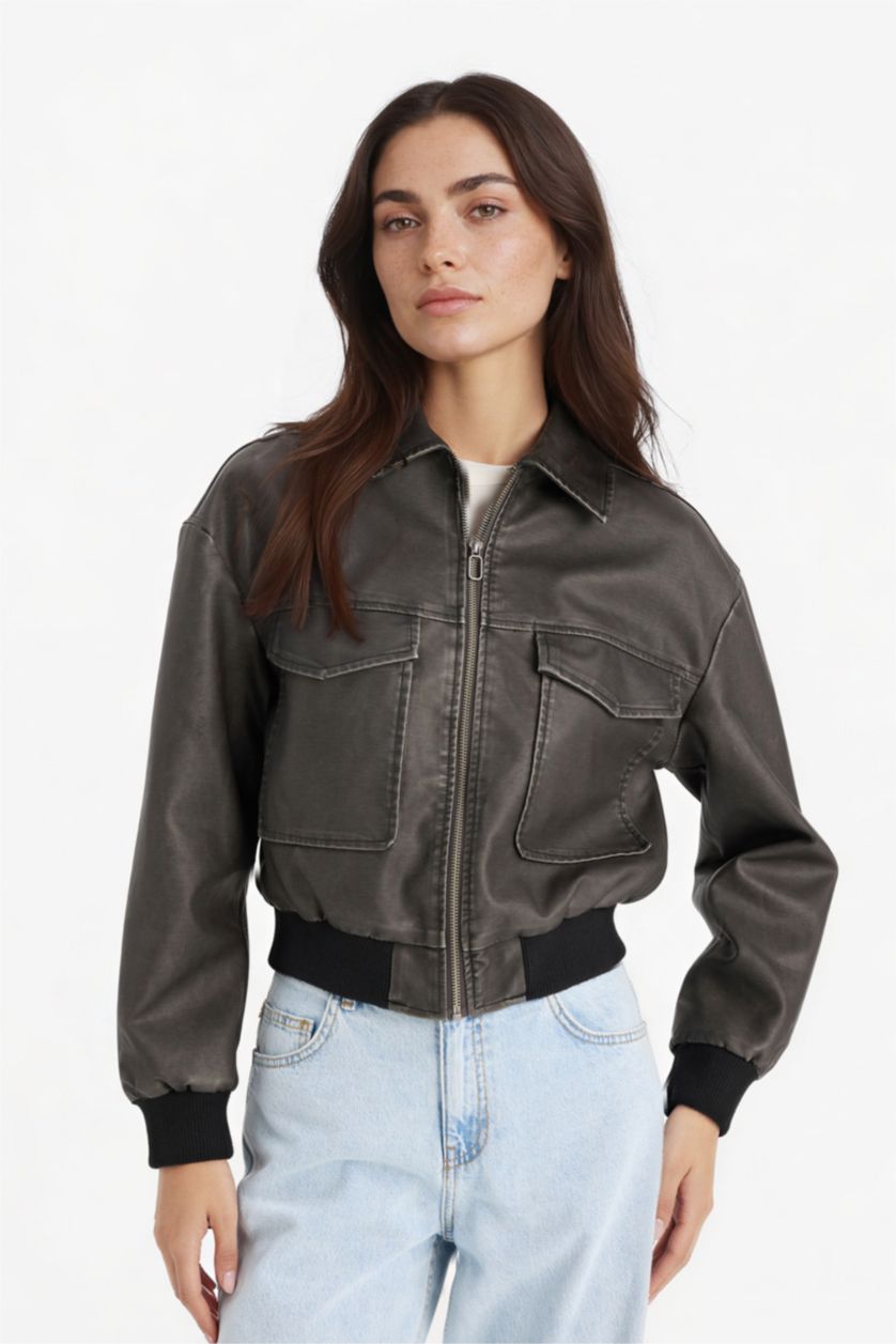 Женщины Антрацит Куртка Поло С Молнией Из Искусственной Кожи С Карманами