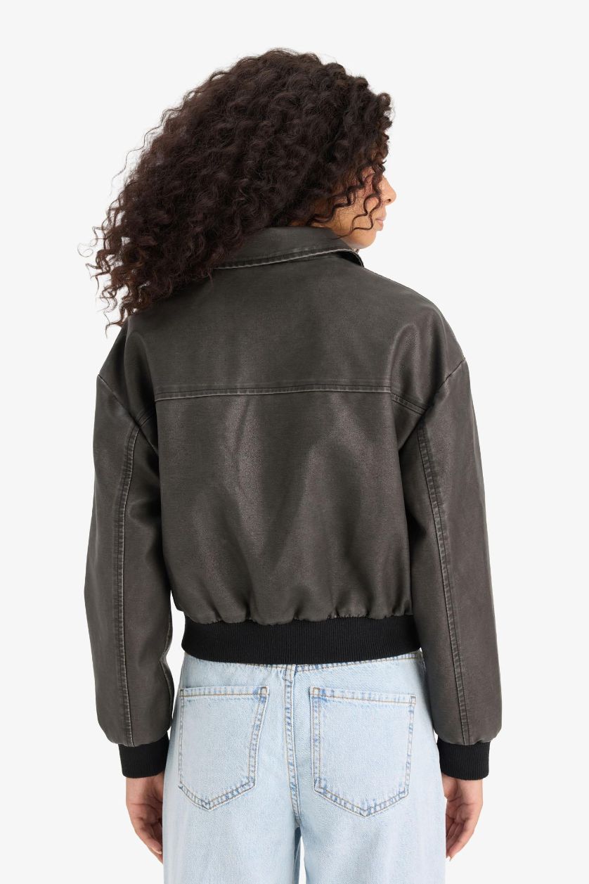 Женщины Антрацит Куртка Поло С Молнией Из Искусственной Кожи С Карманами