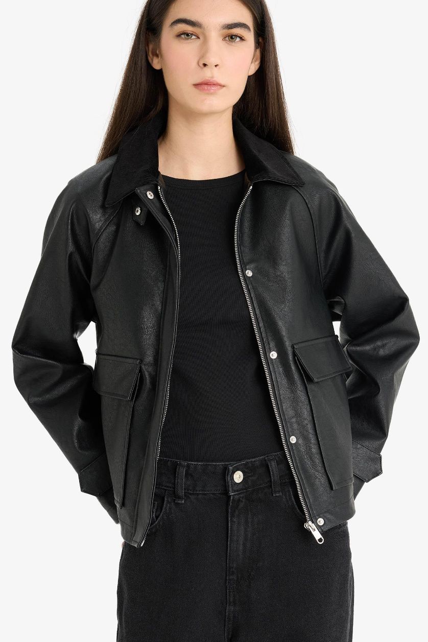 Женщины Черный Обычная посадка, куртка-жакет из искусственной кожи с воротником поло