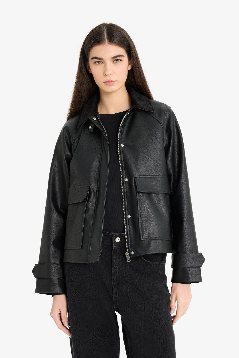 Женщины Черный Обычная посадка, куртка-жакет из искусственной кожи с воротником поло