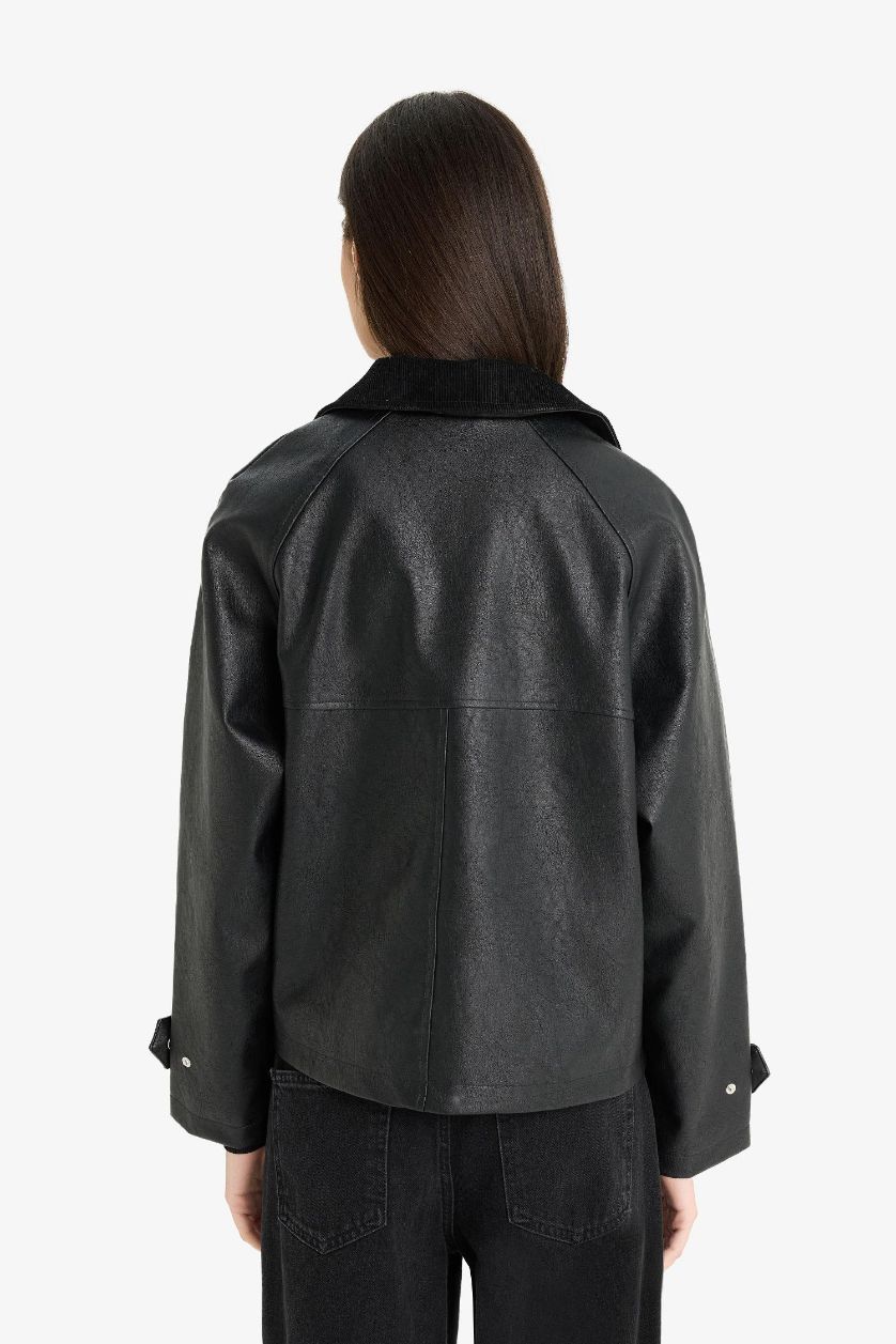 Женщины Черный Обычная посадка, куртка-жакет из искусственной кожи с воротником поло