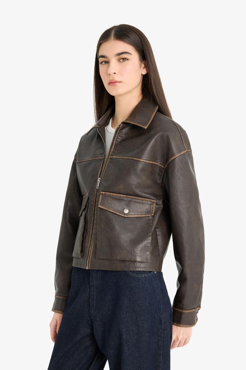 Woman Brown Relax Fit Taffeta Faux Leather Faux Leather Jacket