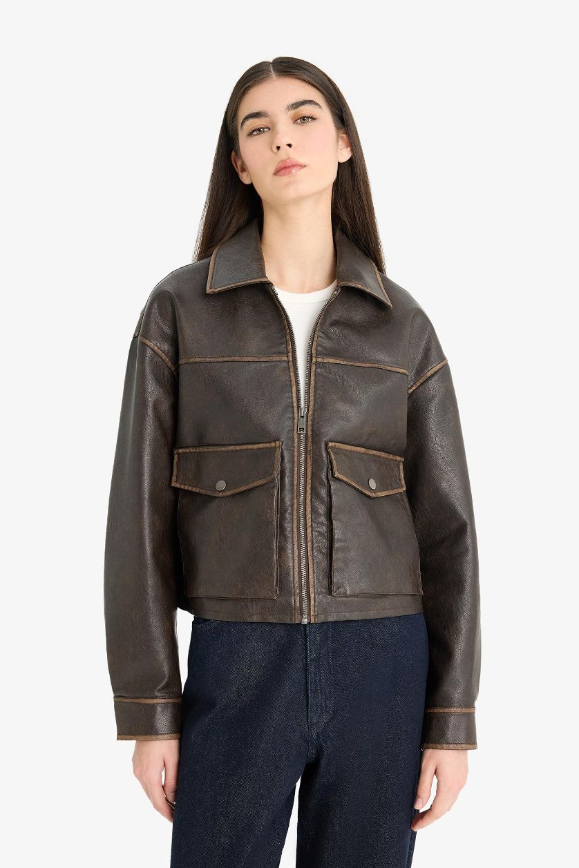 Woman Brown Relax Fit Taffeta Faux Leather Faux Leather Jacket