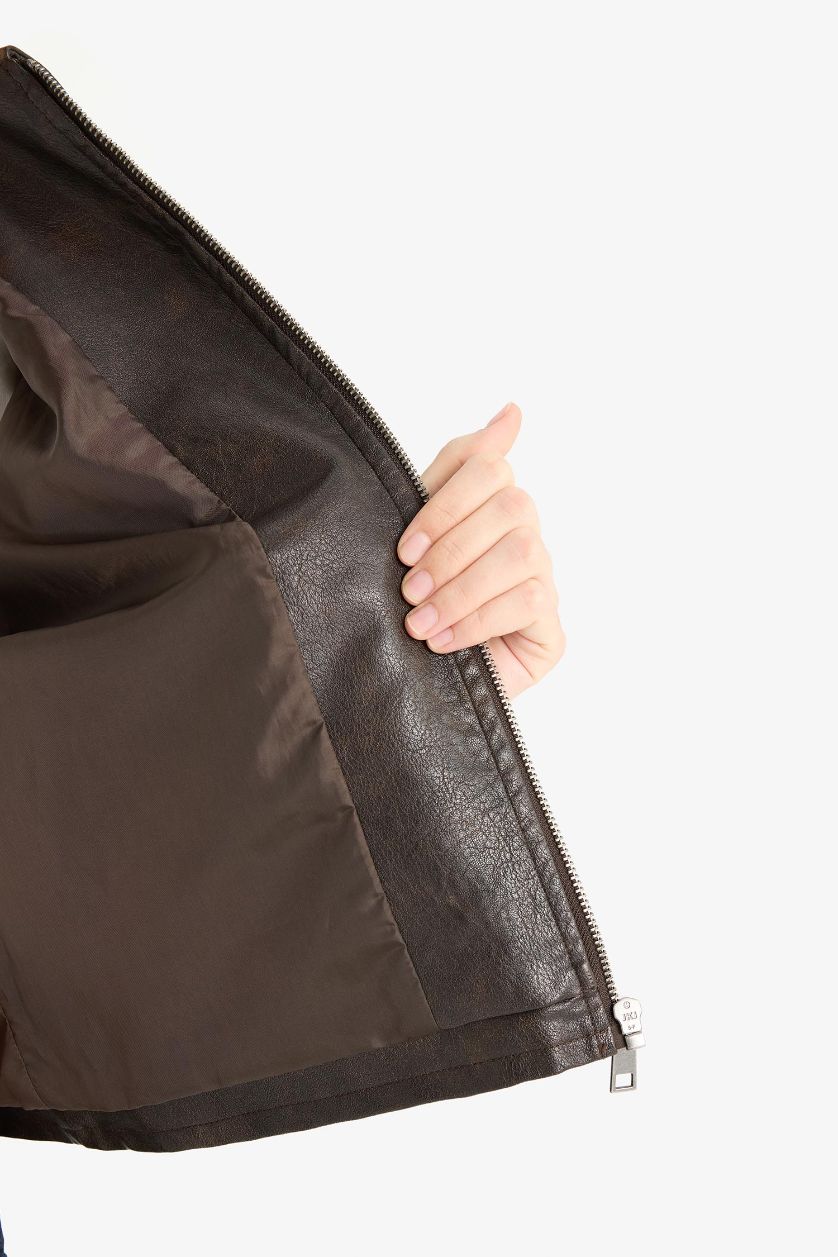 Woman Brown Relax Fit Taffeta Faux Leather Faux Leather Jacket