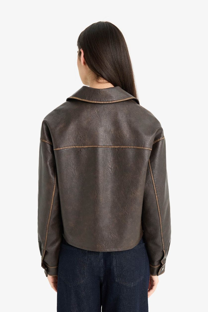 Woman Brown Relax Fit Taffeta Faux Leather Faux Leather Jacket