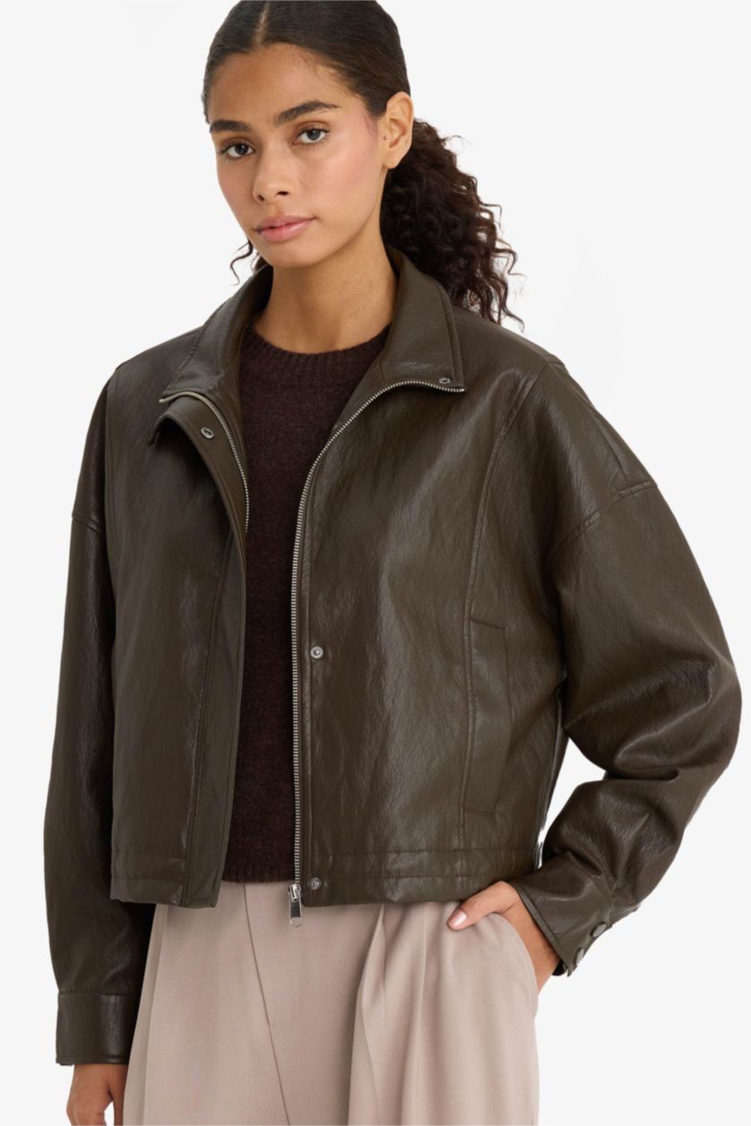 Woman Khaki Faux Leather Jacket