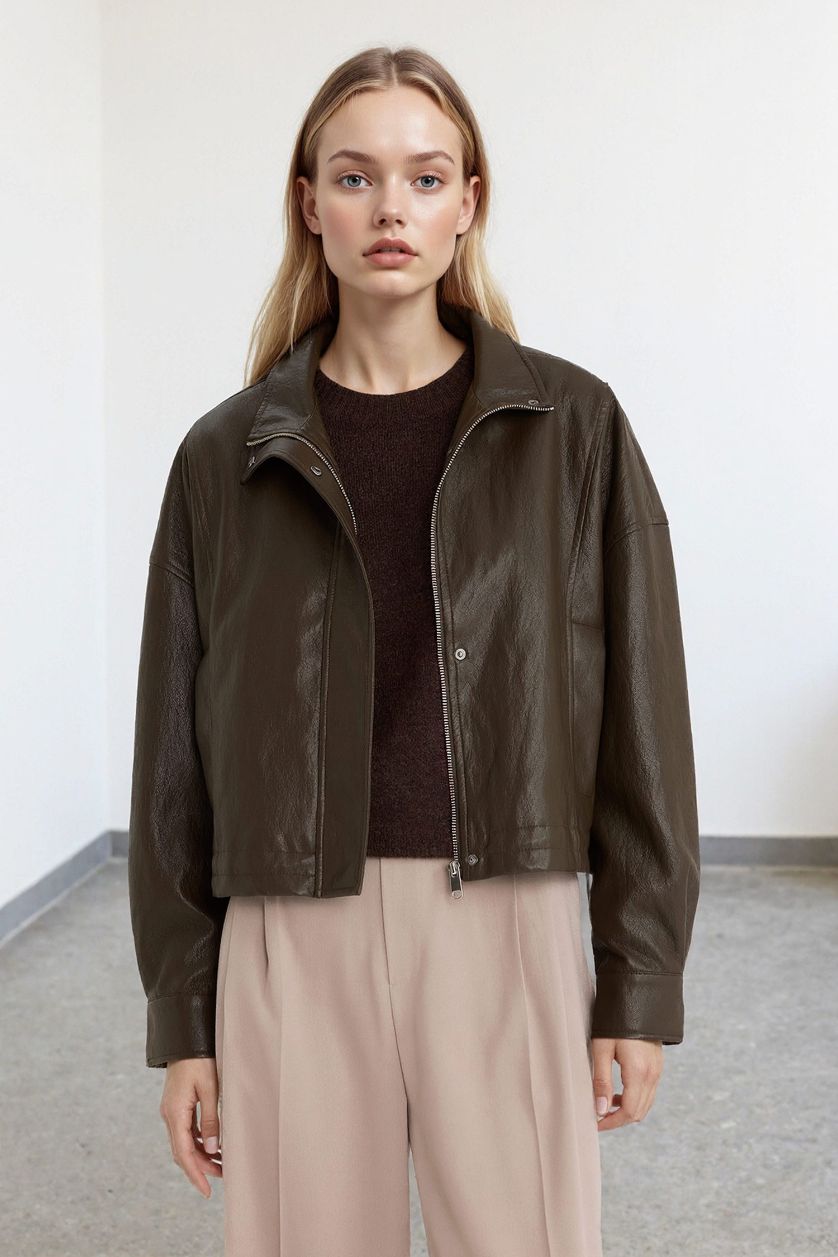 Woman Khaki Regular Fit Zippered Faux Leather Jacket