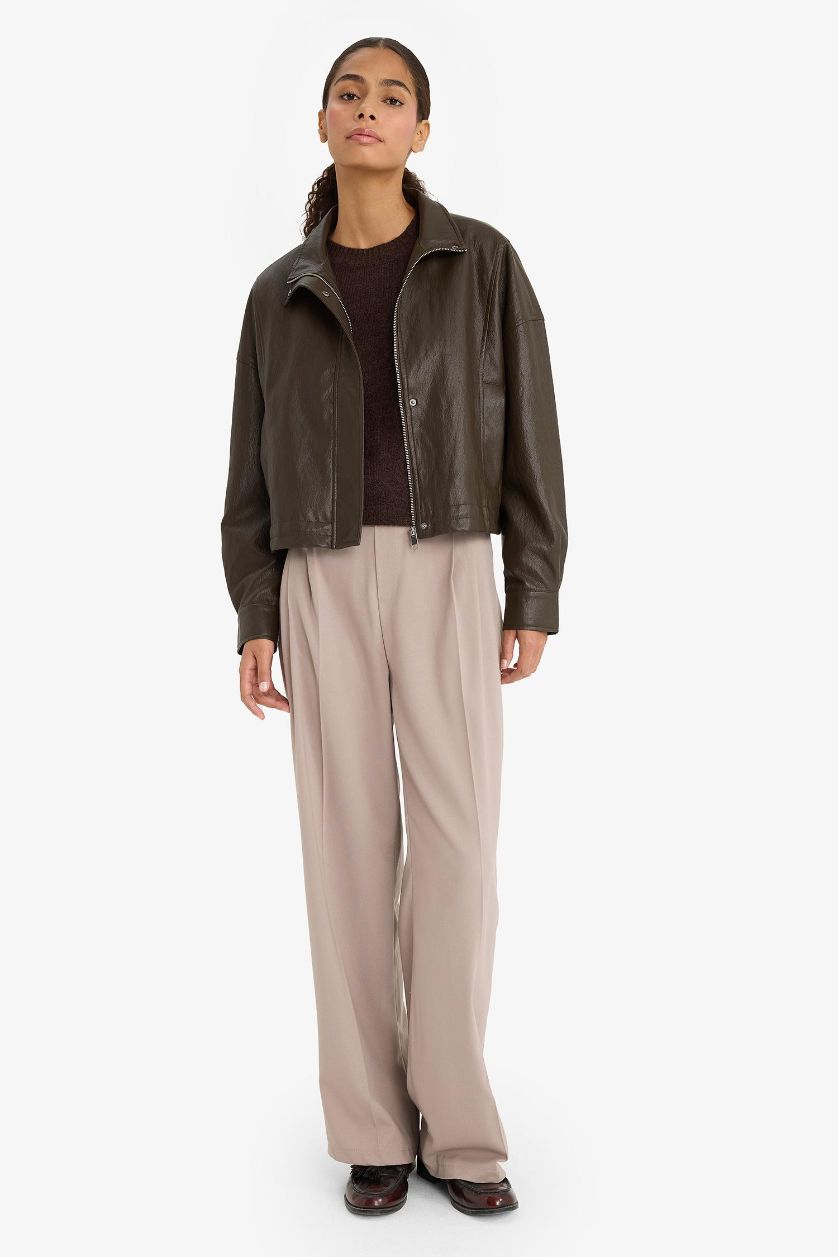 Woman Khaki Regular Fit Zippered Faux Leather Jacket