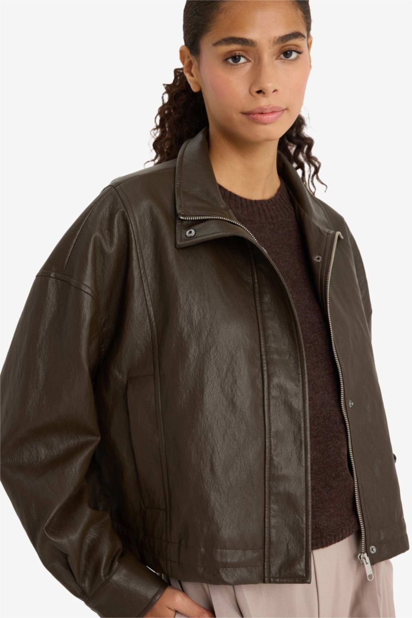 Woman Khaki Faux Leather Jacket