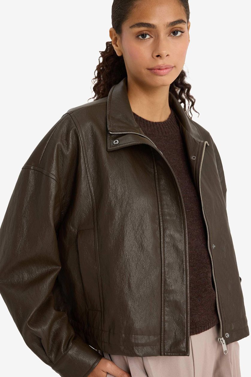 Woman Khaki Regular Fit Zippered Faux Leather Jacket
