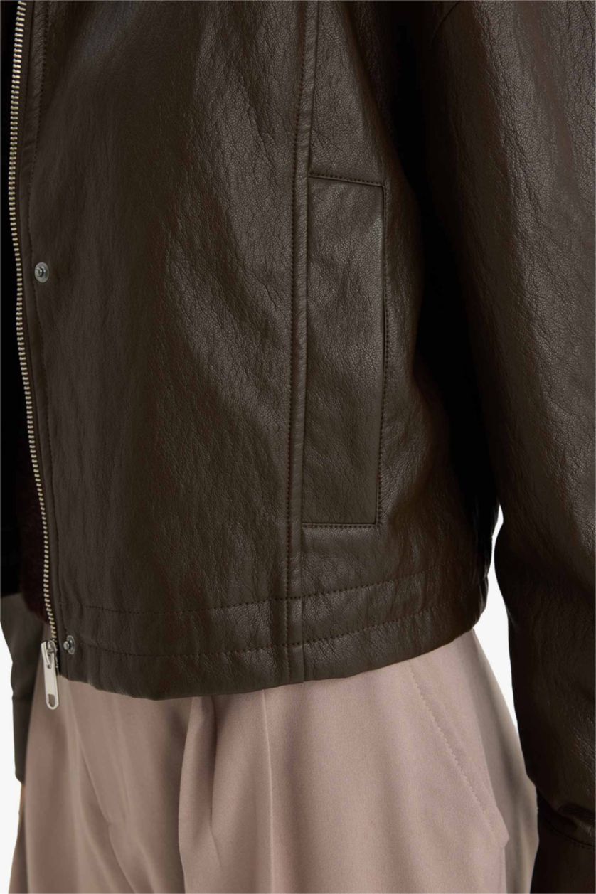 Woman Khaki Faux Leather Jacket