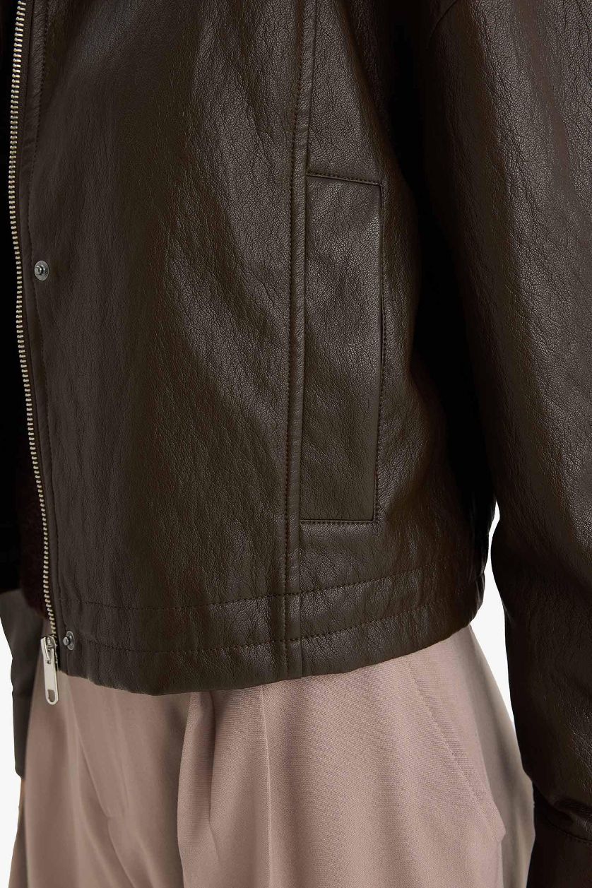 Woman Khaki Regular Fit Zippered Faux Leather Jacket