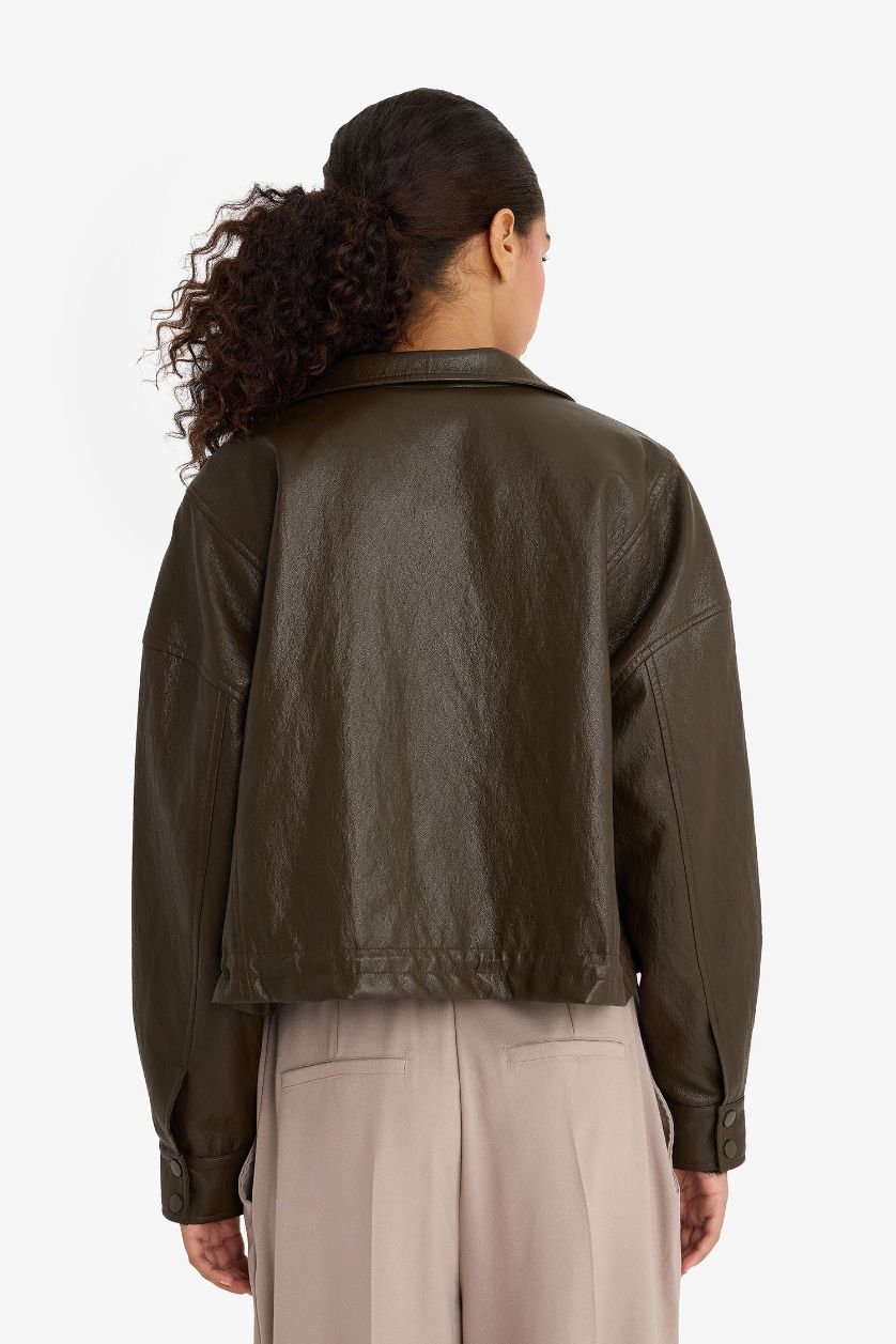 Woman Khaki Regular Fit Zippered Faux Leather Jacket