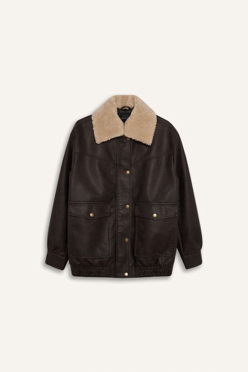 Kadın Kahve Çıkarılabilir Suni Kürk Yaka Dad Fıt Polo Yaka Tafta Suni Deri Mont