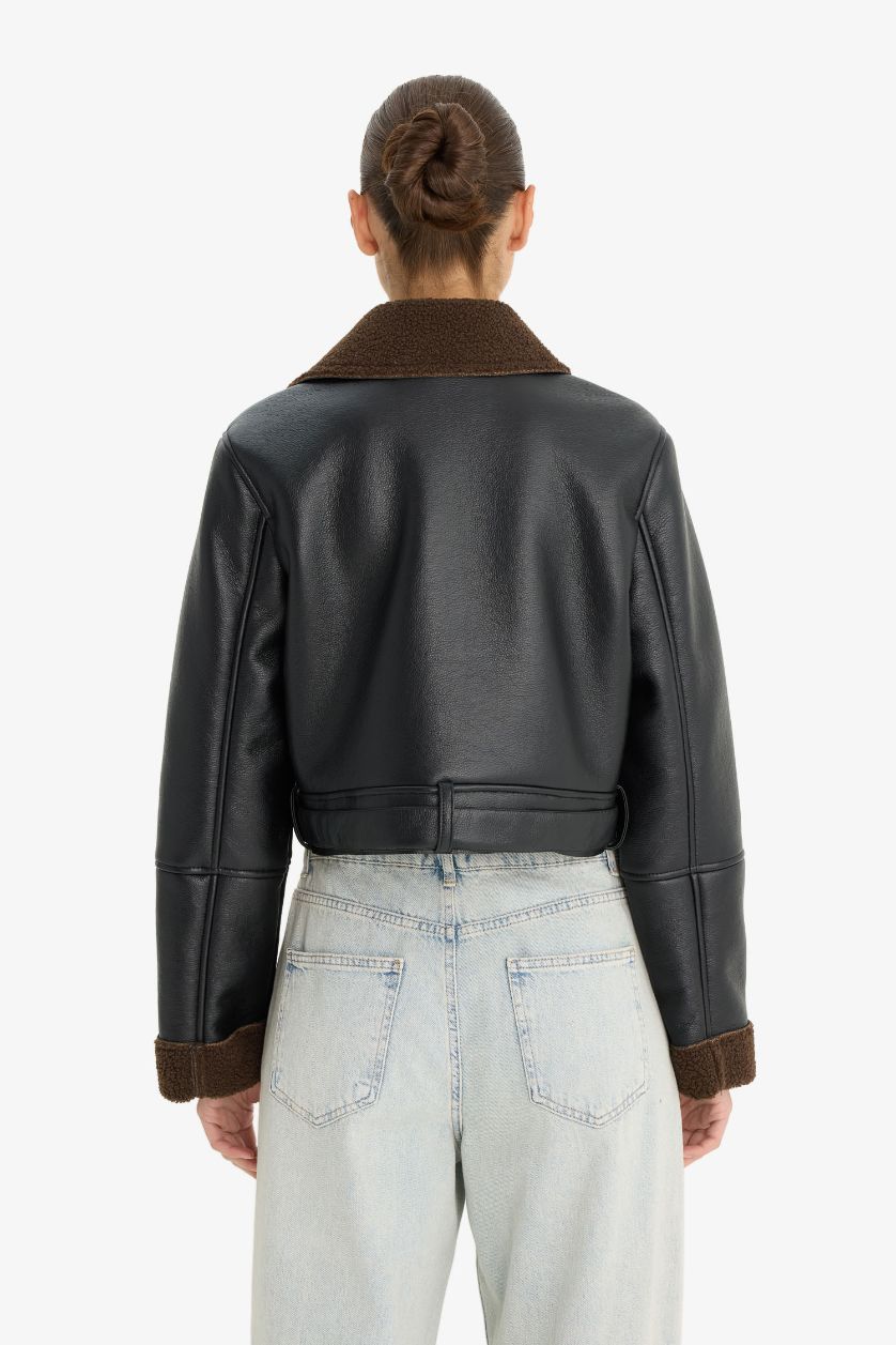 حريمي أسود جاكيت جلد صناعي قصة عادية مبطن بفرو إصطناعي