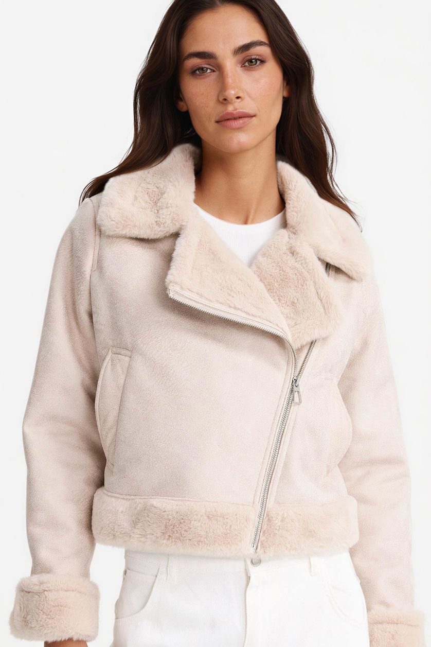 Woman Ecru Regular Fit Faux Fur Lined Coat