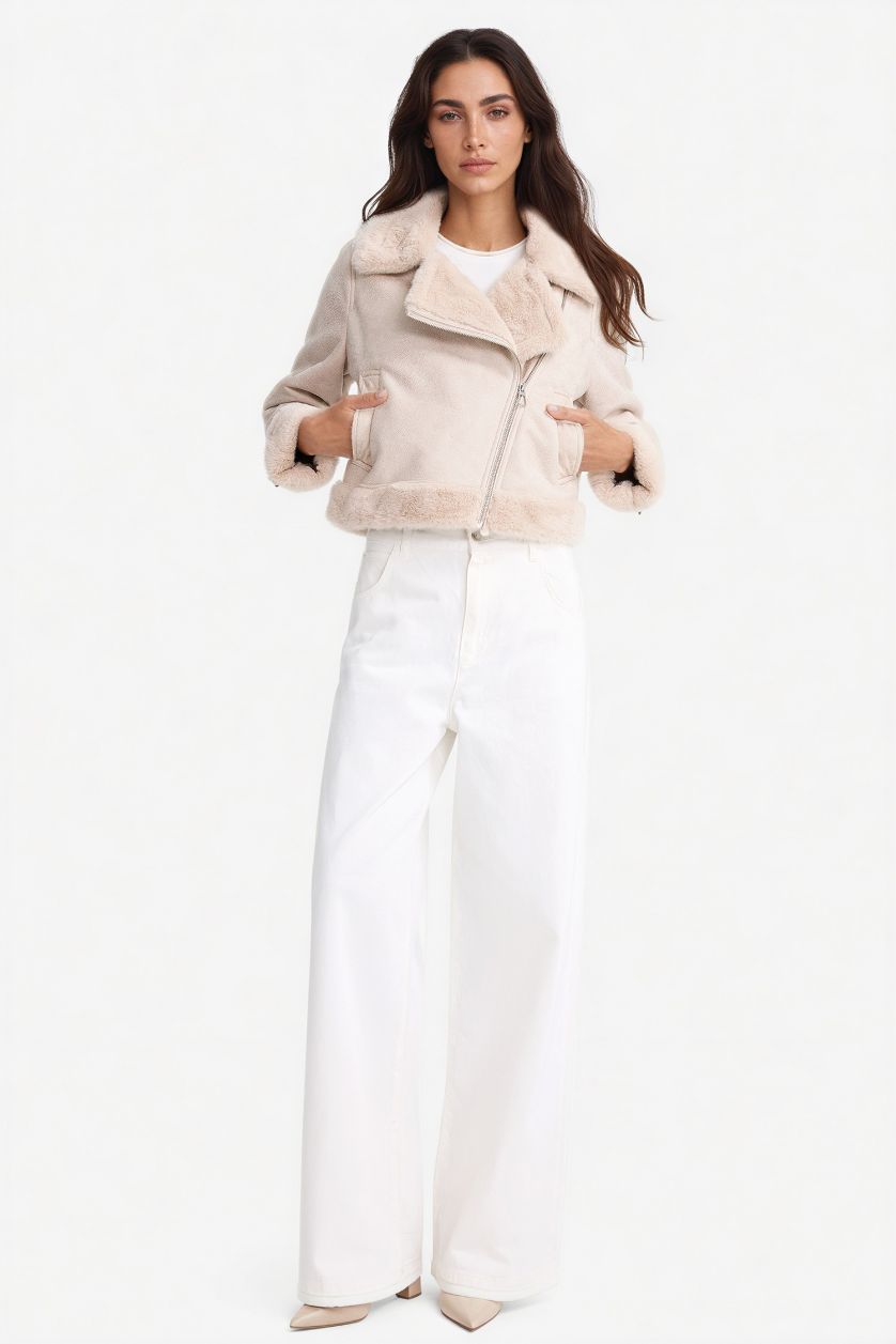 Woman Ecru Regular Fit Faux Fur Lined Coat