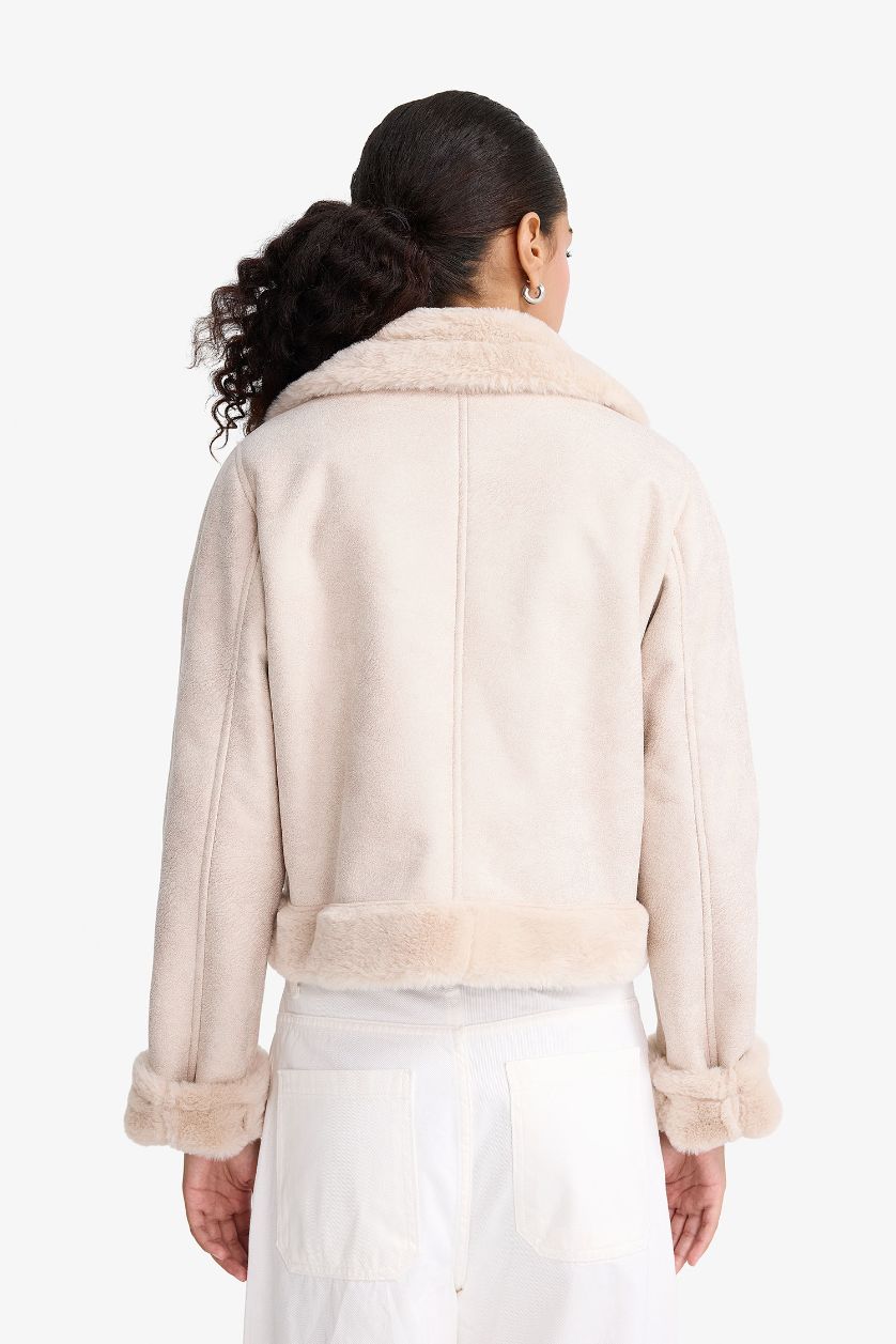 Woman Ecru Regular Fit Faux Fur Lined Coat