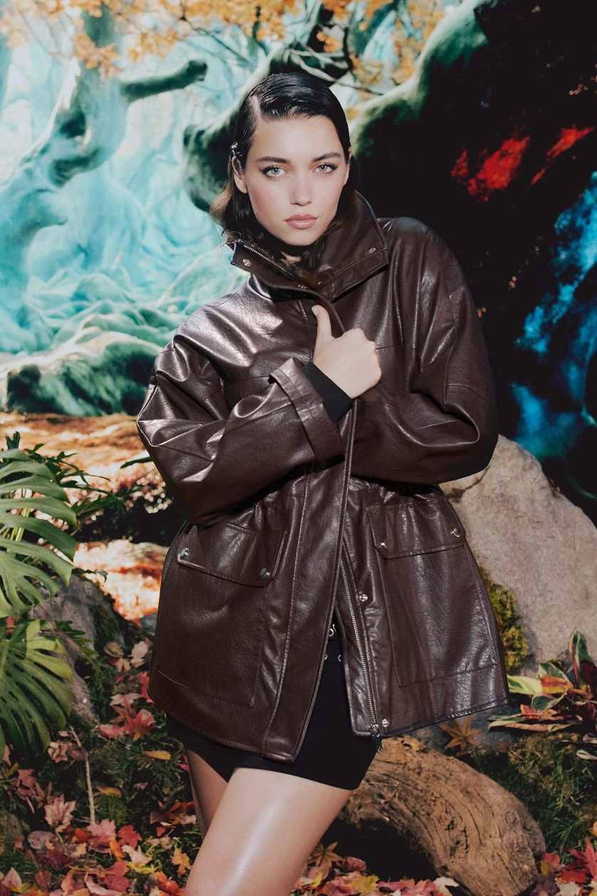 Kadın Bordo Afra x DeFacto Relax Fit Dik Yaka Fermuarlı Suni Deri Mont