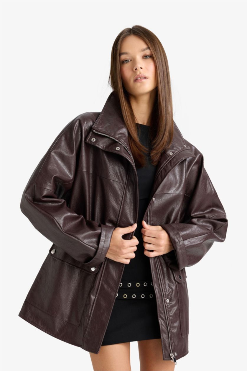 Kadın Bordo Afra x DeFacto Relax Fit Dik Yaka Fermuarlı Suni Deri Mont