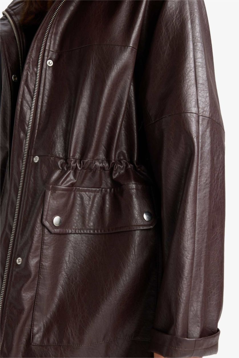 Women Bordeaux Faux Leather Jacket
