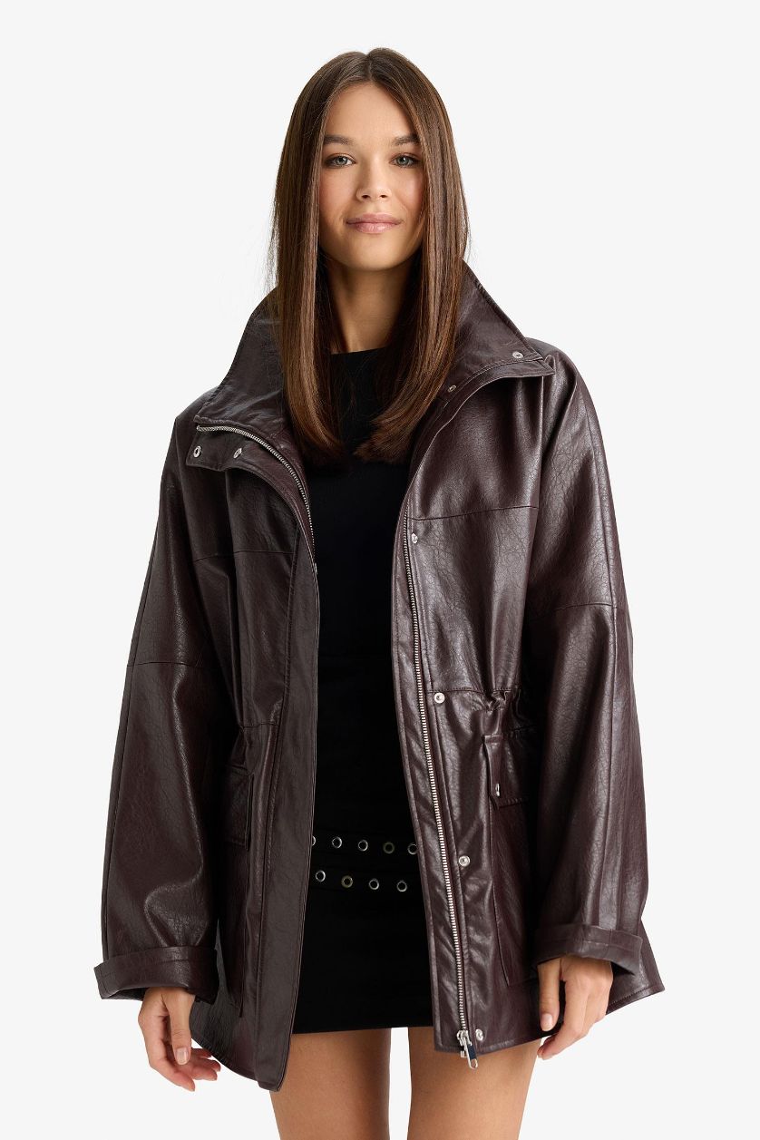 Kadın Bordo Afra x DeFacto Relax Fit Dik Yaka Fermuarlı Suni Deri Mont