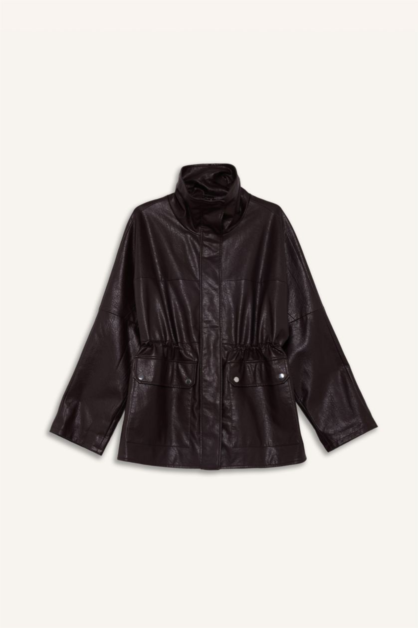 Women Bordeaux Faux Leather Jacket