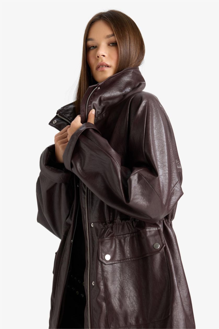 Kadın Bordo Afra x DeFacto Relax Fit Dik Yaka Fermuarlı Suni Deri Mont